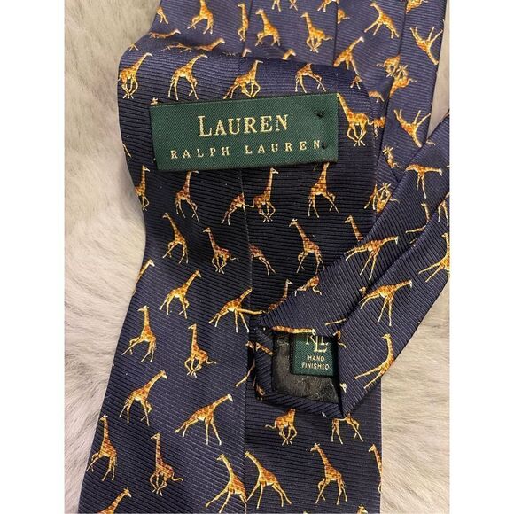 LAUREN Ralph Lauren Hand Finish Silk Tie Dark Blue with Giraffes - Picture 8 of 10